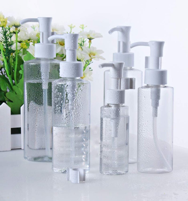 erioctry Refillable Plastic Clear Flat Pumps Lotion Cream Cleansing Oil Dispenser Bottle Travel Bottles Pump Bottle Make Up Cosmetic Container Holder Pack of 3 (100ml) - Image 4